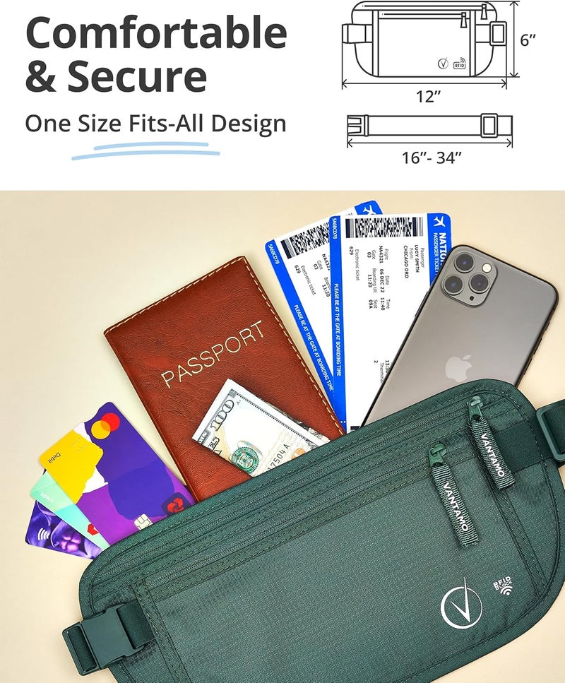 Vantamo حزام نقود مع RFID للرجال والنساء، حامل جواز سفر مخفي للسفر، حقيبة خصر للسفر بجيبين للنساء مضادة للسرقة - Image 4